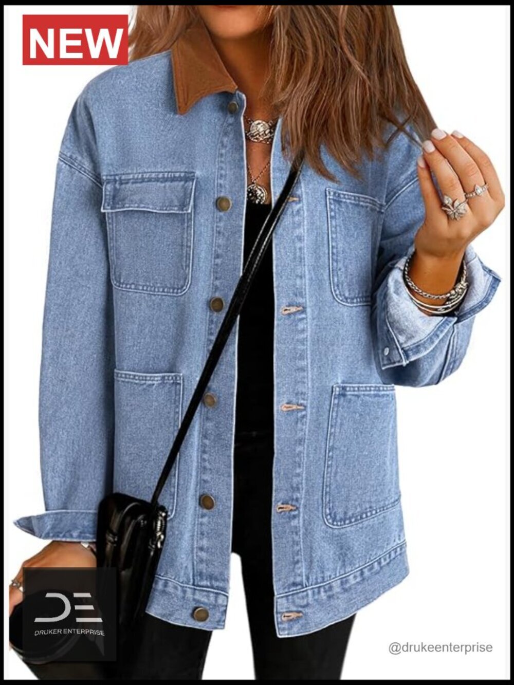 Oversized Denim Jacket with Corduroy Collar - Barn Jacket Style